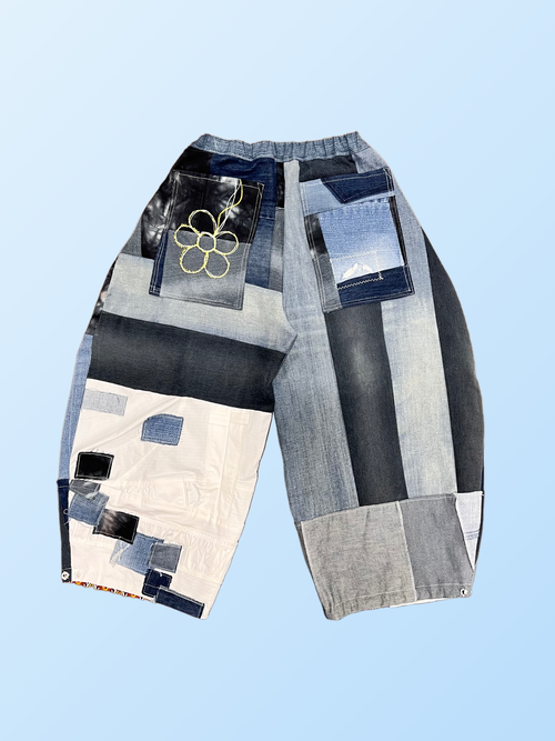 “mixed-denim” Barrel Pants