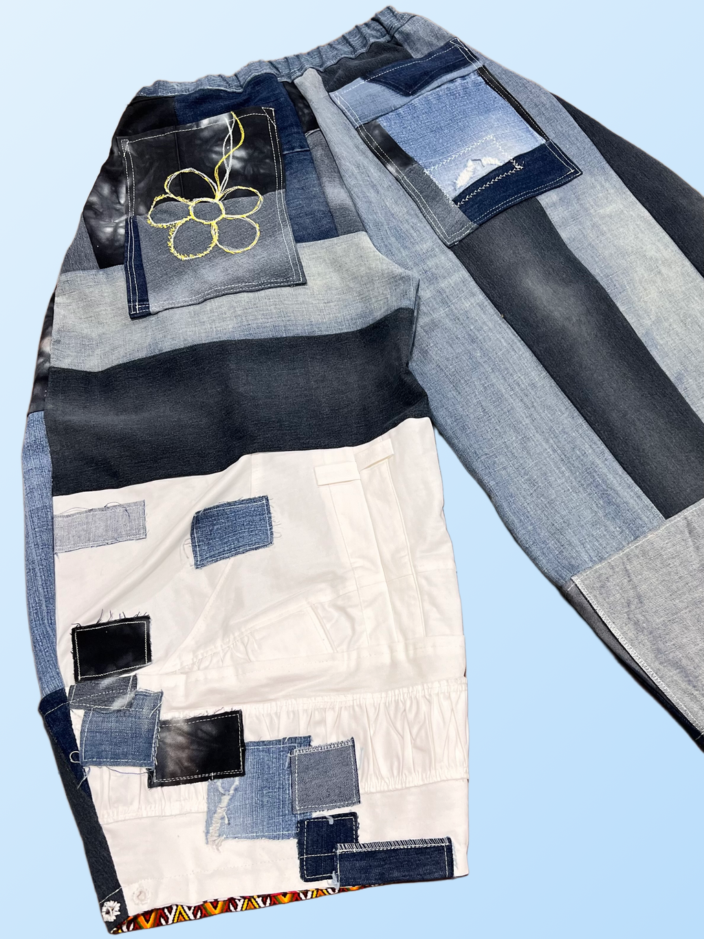 “mixed-denim” Barrel Pants
