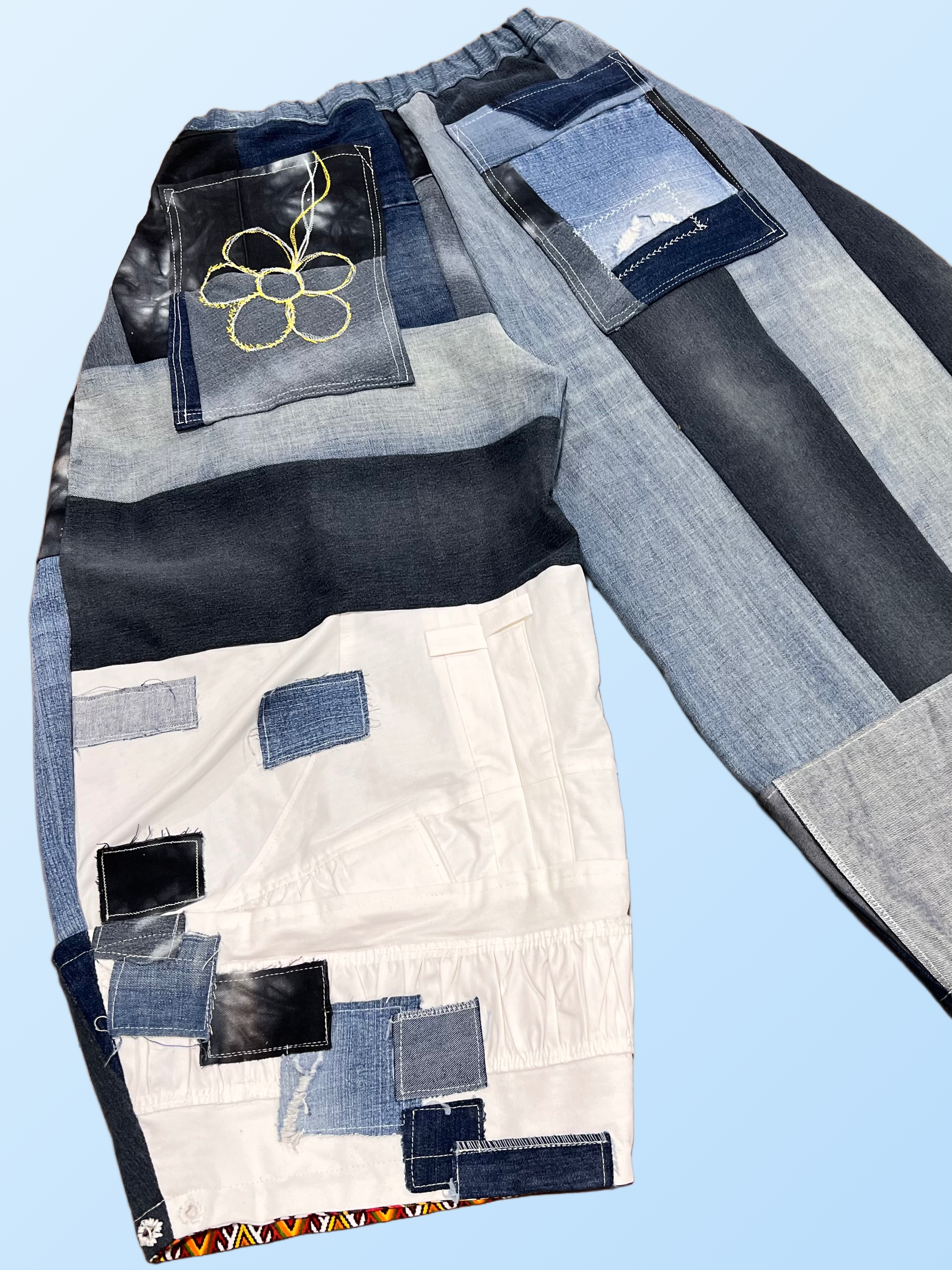 “mixed-denim” Barrel Pants
