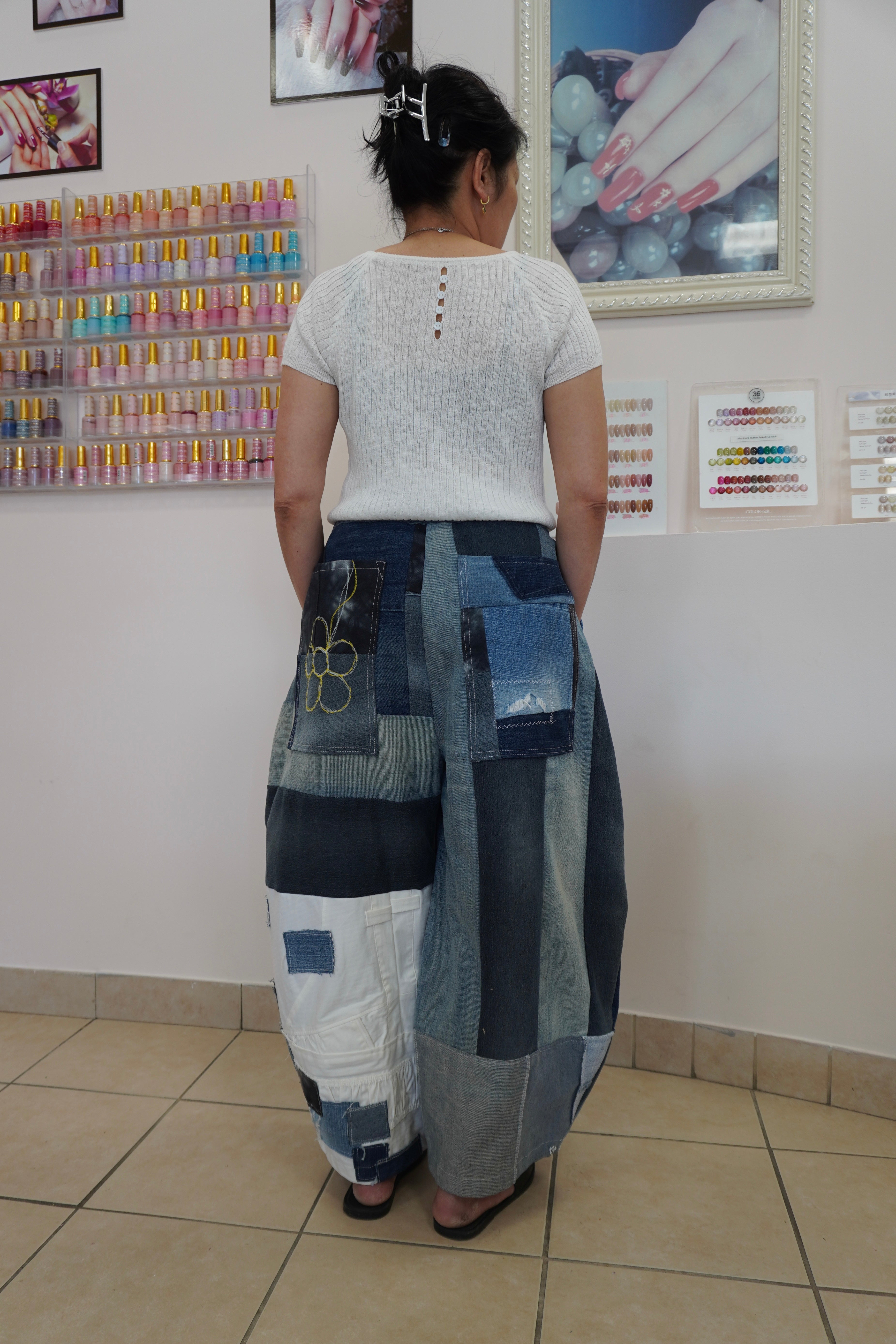 “mixed-denim” Barrel Pants