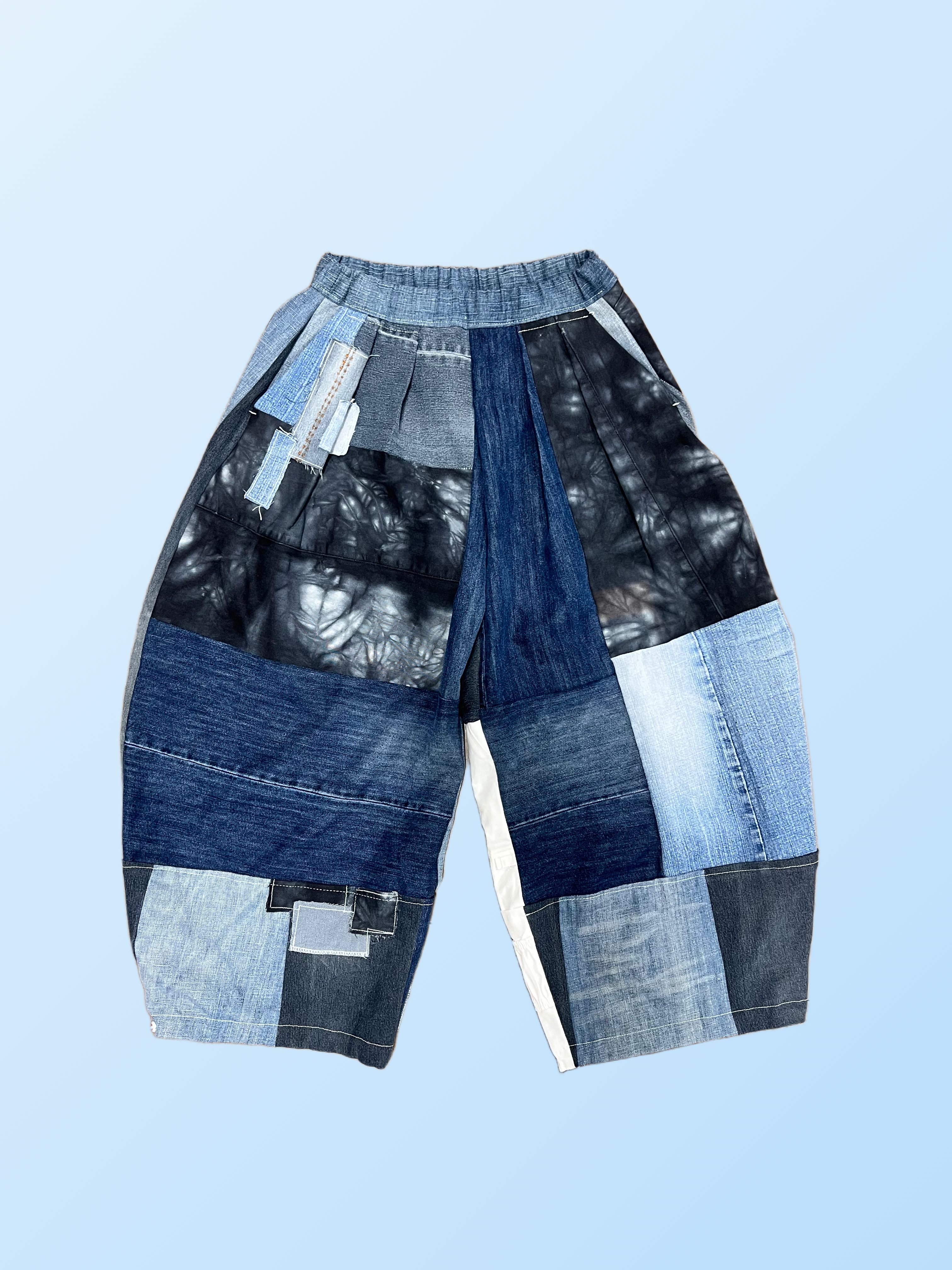 “mixed-denim” Barrel Pants